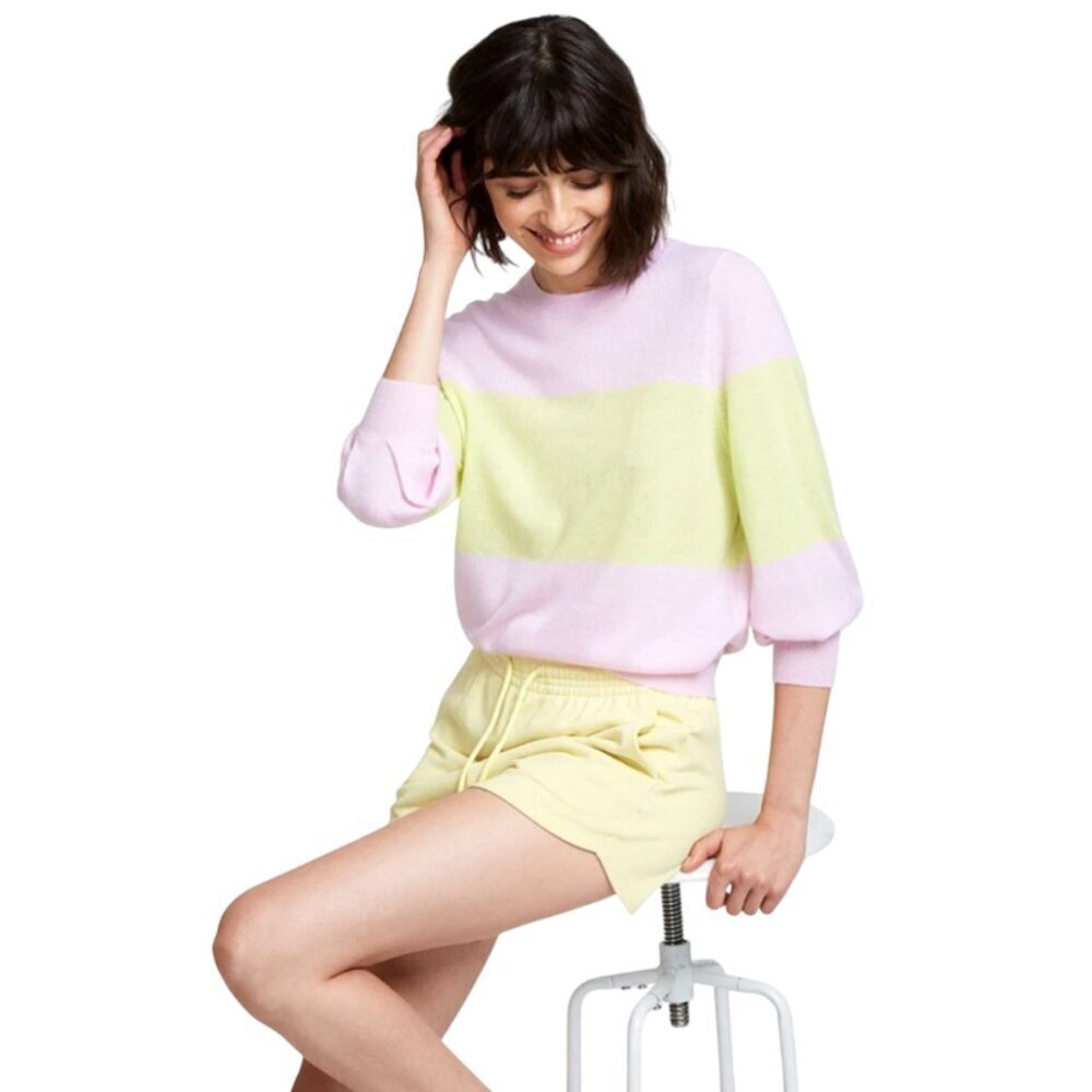 NWT Autumn Cashmere Color Block Sweater Womens Medium Pink Yellow Crew Neck NEW